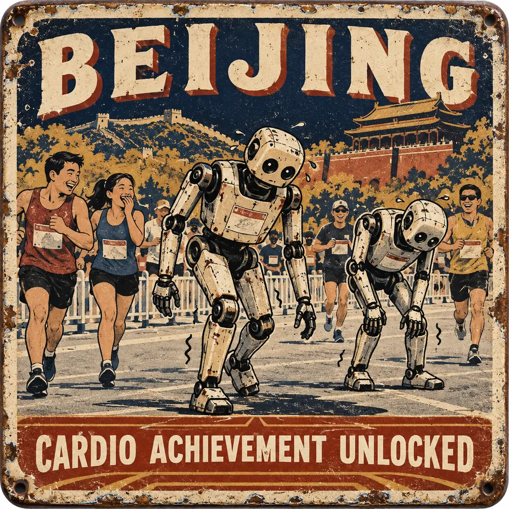 Satirical Blappos illustration: Robots enter half-marathon, regret cardio