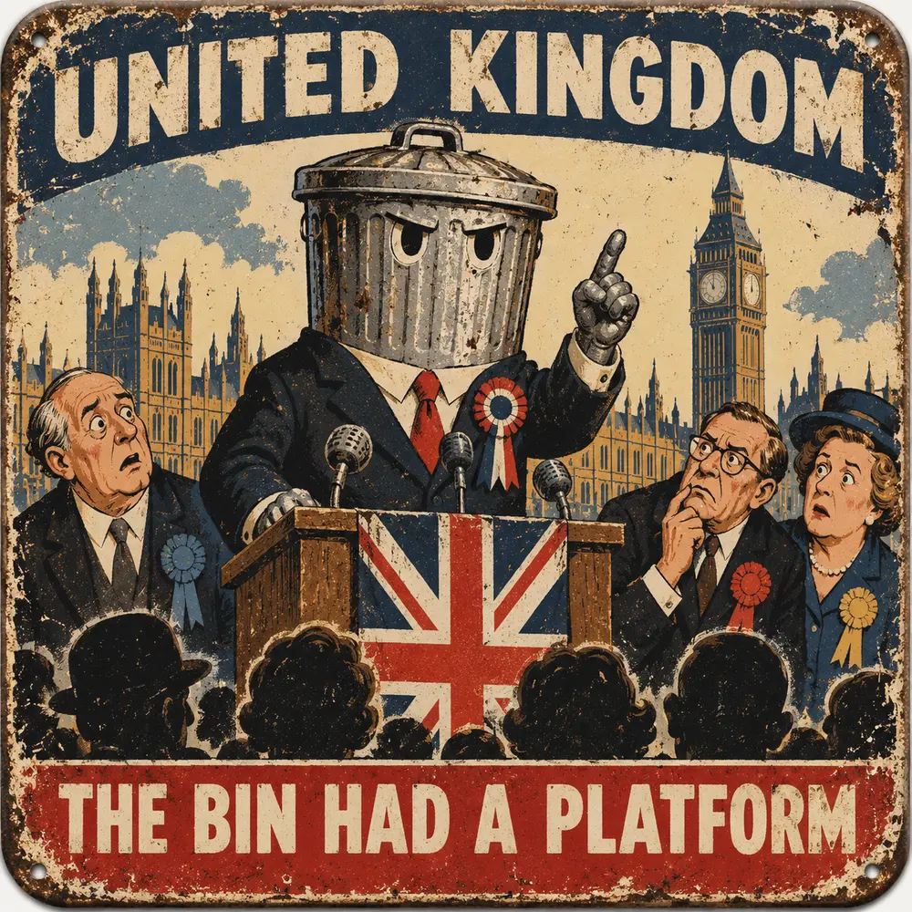 Satirical Blappos illustration: Democracy narrowly avoids sharing a stage