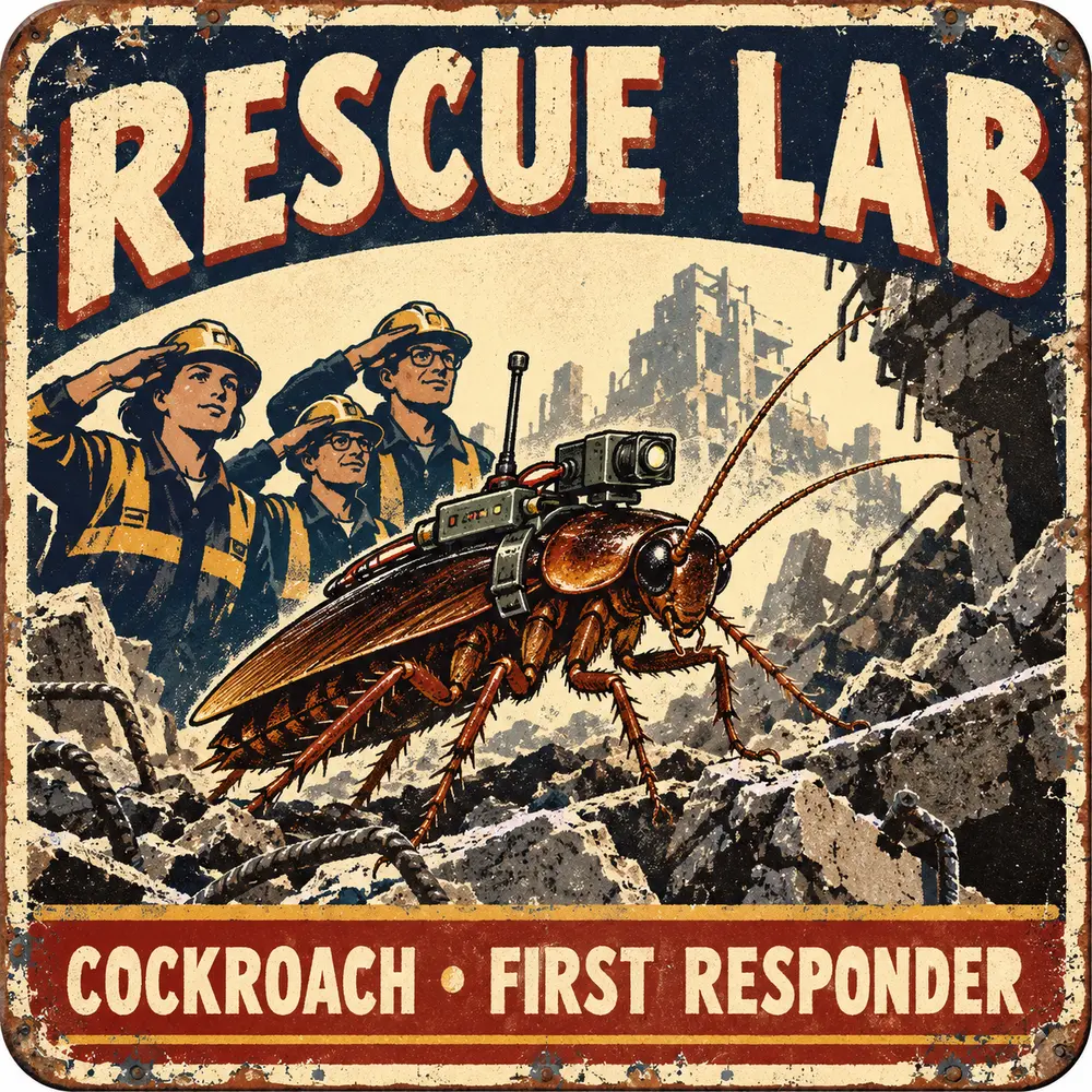 Satirical Blappos illustration: Cyborg cockroach applies for first responder