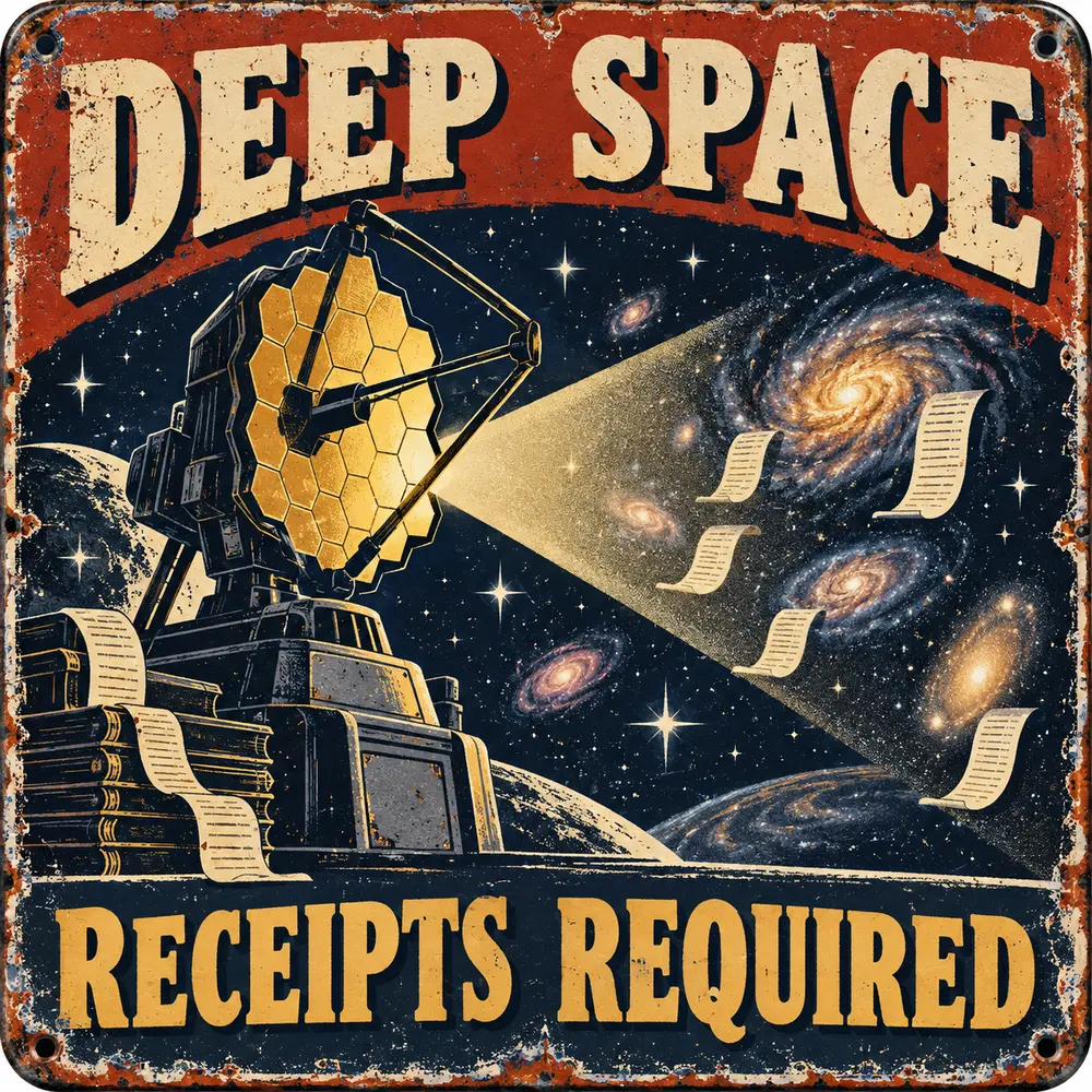 Satirical Blappos illustration: NASA launches the universe’s new auditor