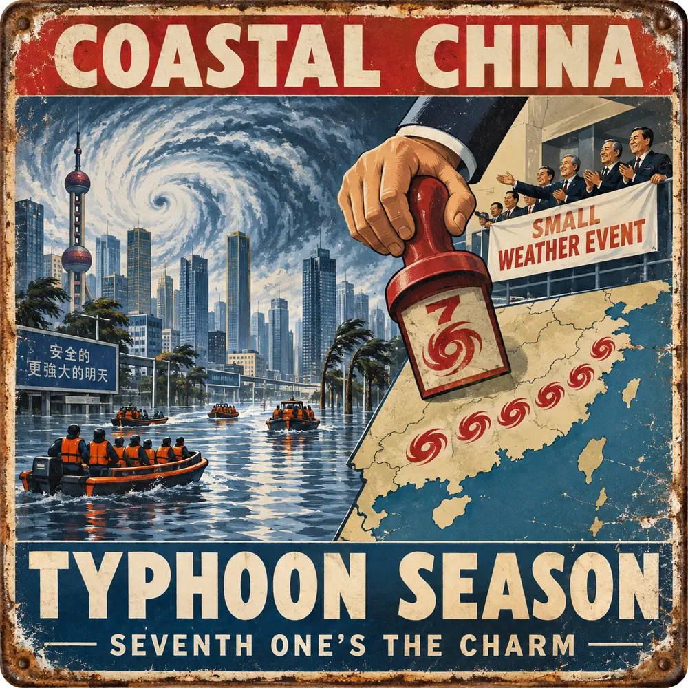 Satirical Blappos illustration: The seventh typhoon is apparently the charm