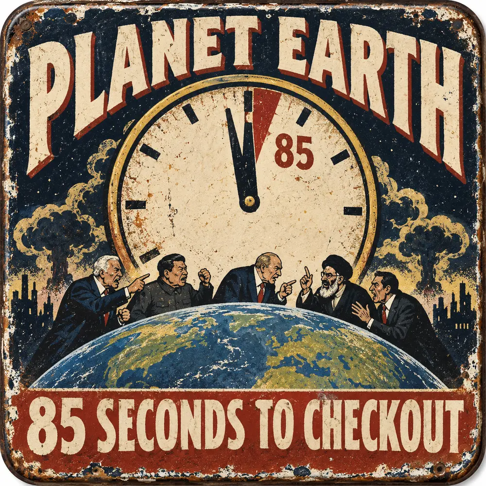 Satirical Blappos illustration: Doomsday clock requests smaller units