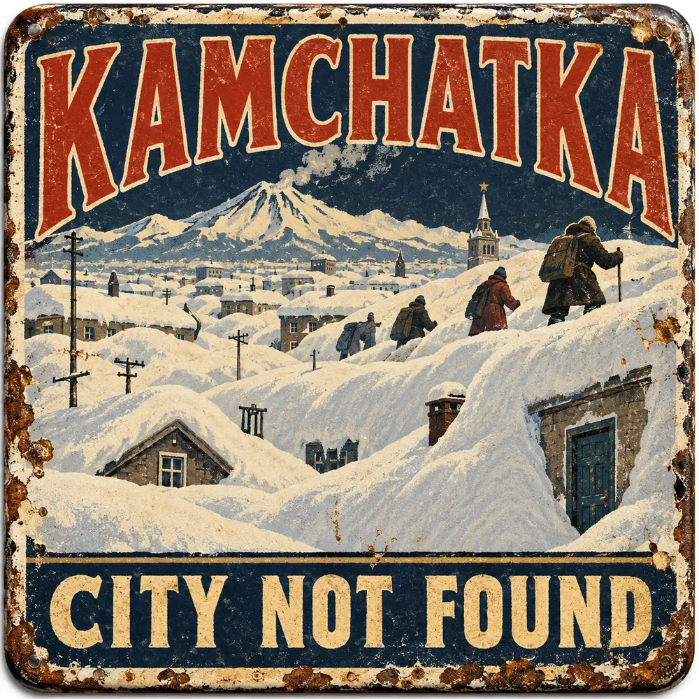 Satirical Blappos illustration: Russia misplaced several cities under snow