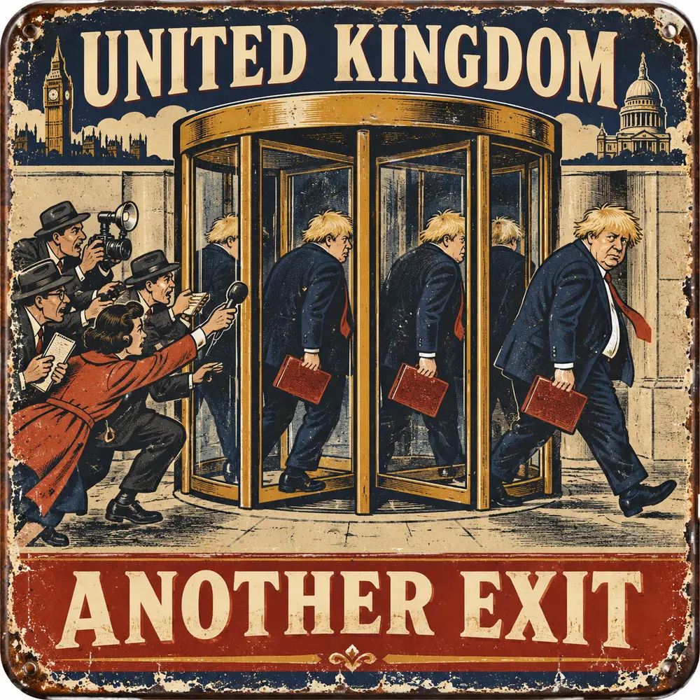 Satirical Blappos illustration: Farage finds another exit