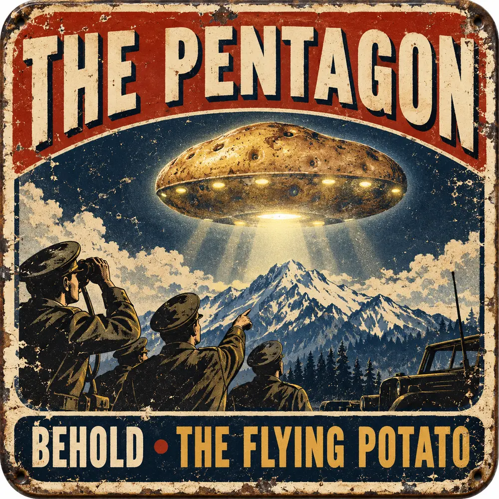 Satirical Blappos illustration: UFO disclosure includes suspicious potato