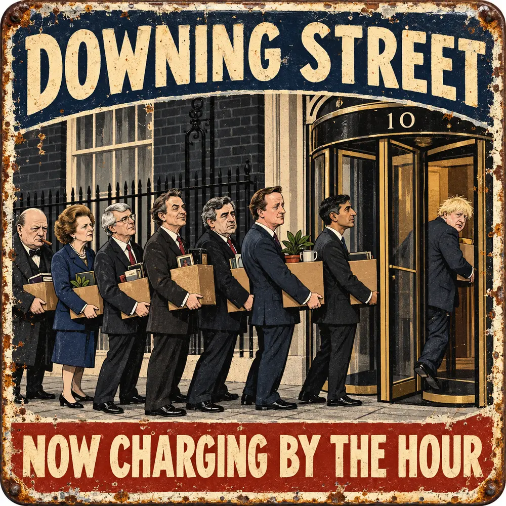 Satirical Blappos illustration: Prime minister-in-waiting enters the queue