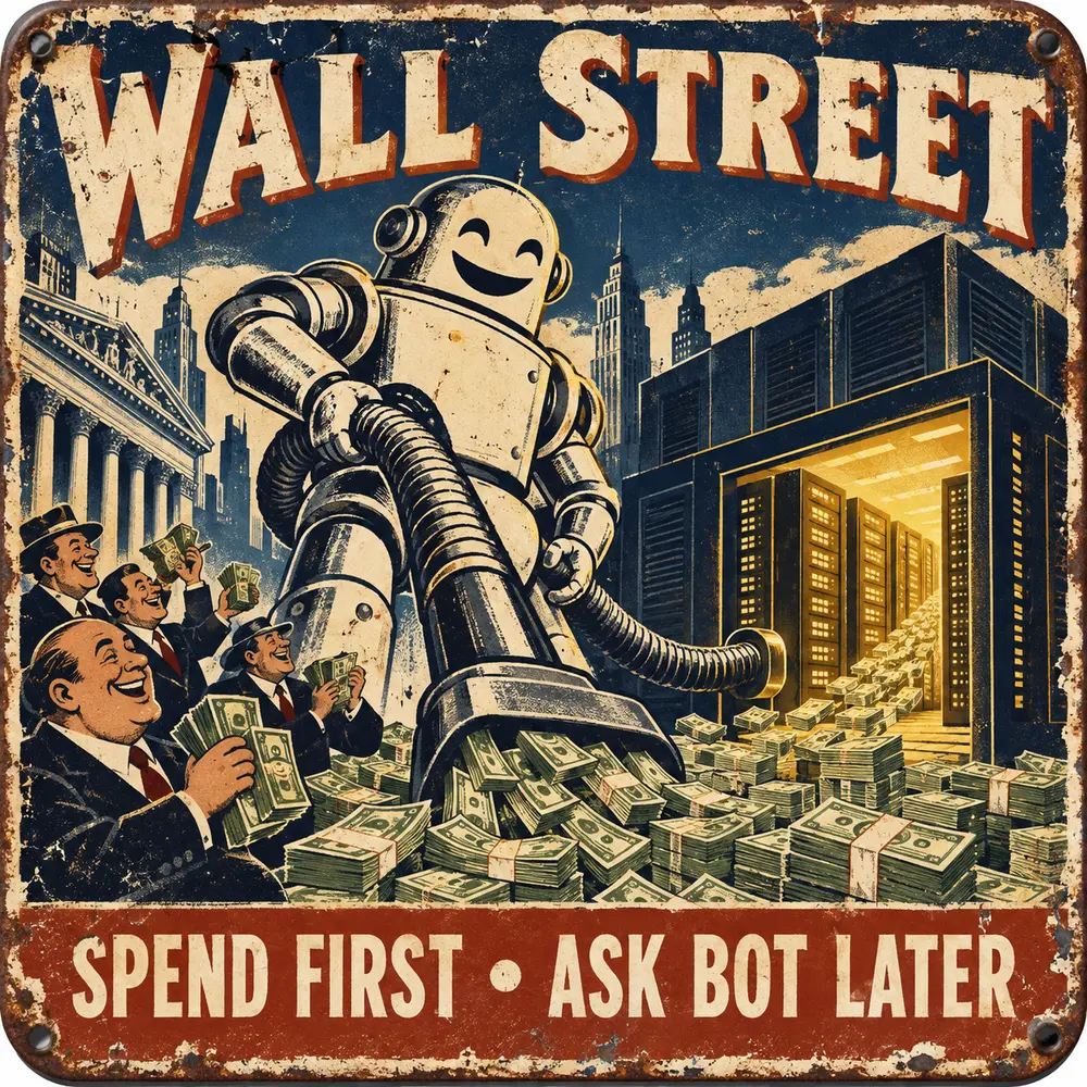 Satirical Blappos illustration: AI spending discovers infinity