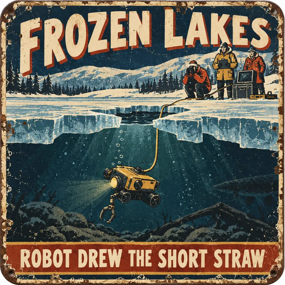 Satirical Blappos illustration: Robot gets the worst lake assignment