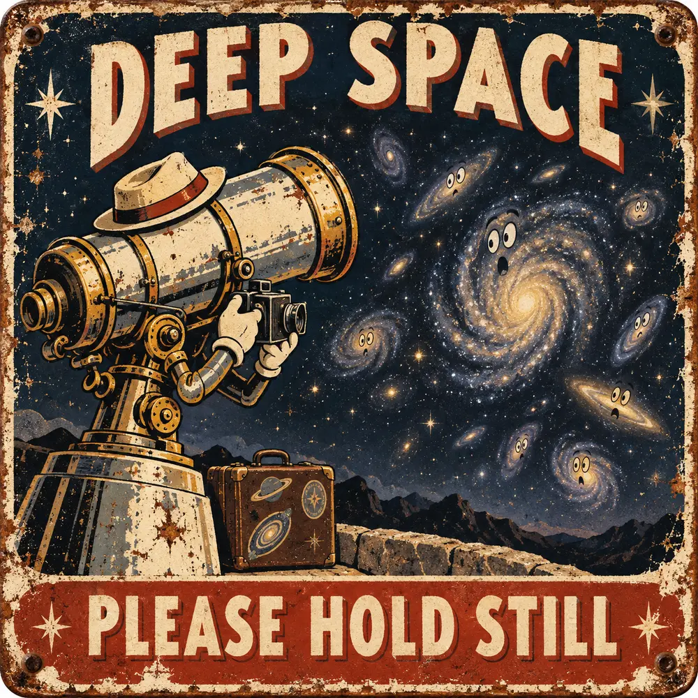 Satirical Blappos illustration: New telescope asks universe to hold still