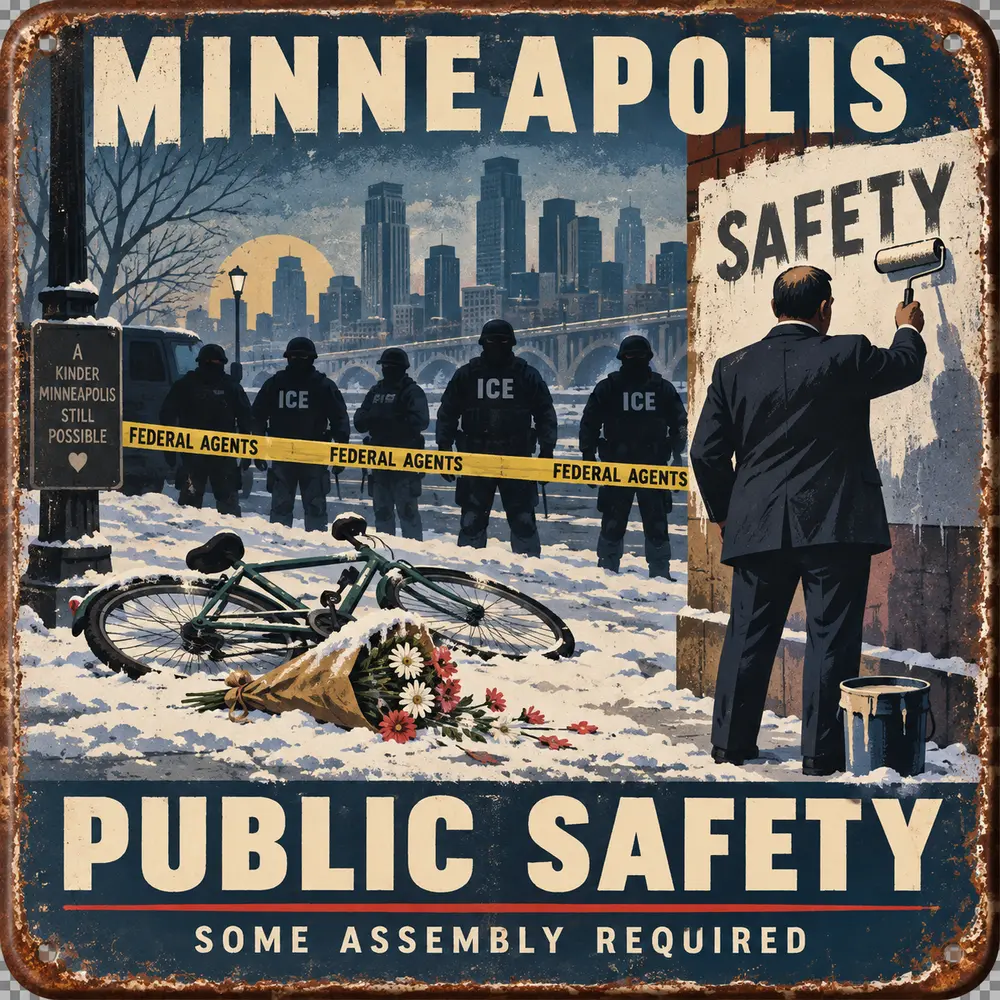 Satirical Blappos illustration: Federal surge meets Minnesota nice