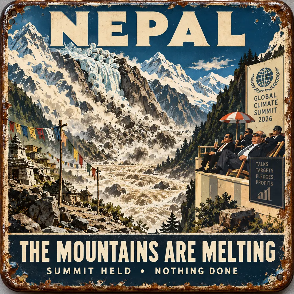 Vintage travel magnet satirizing climate disaster in Nepal