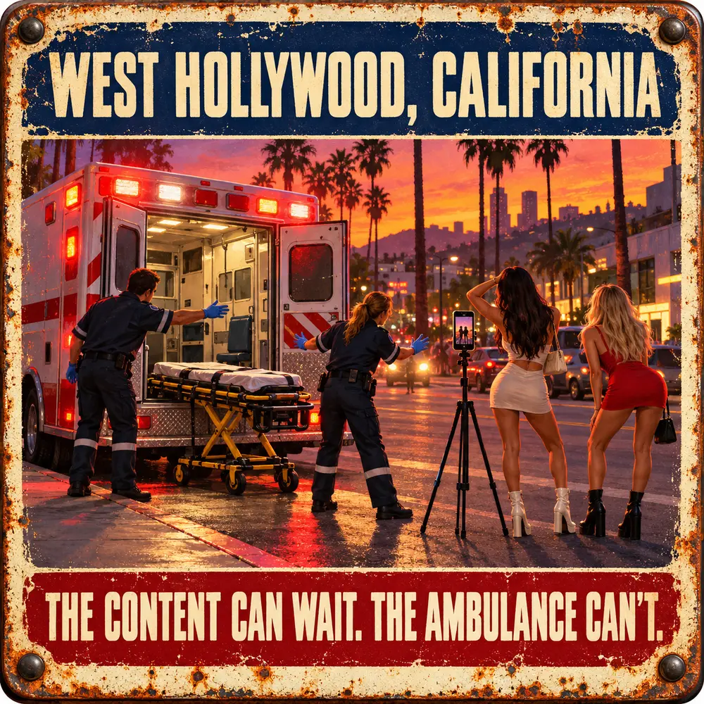 Satirical Blappos illustration: Video appears to show a photo shoot blocking an active ambulance