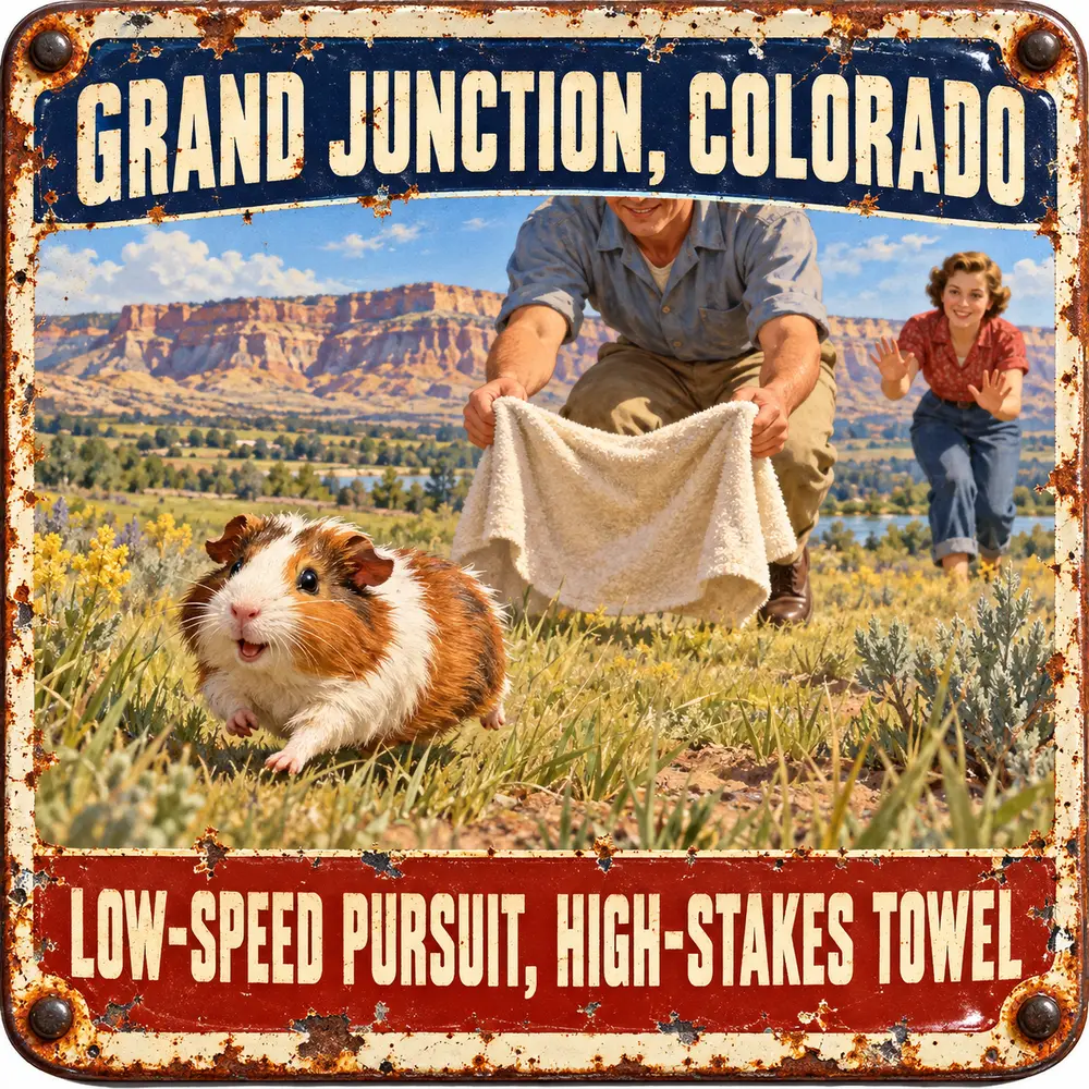 Satirical Blappos illustration: Colorado animal control ends a guinea pig's low-speed getaway