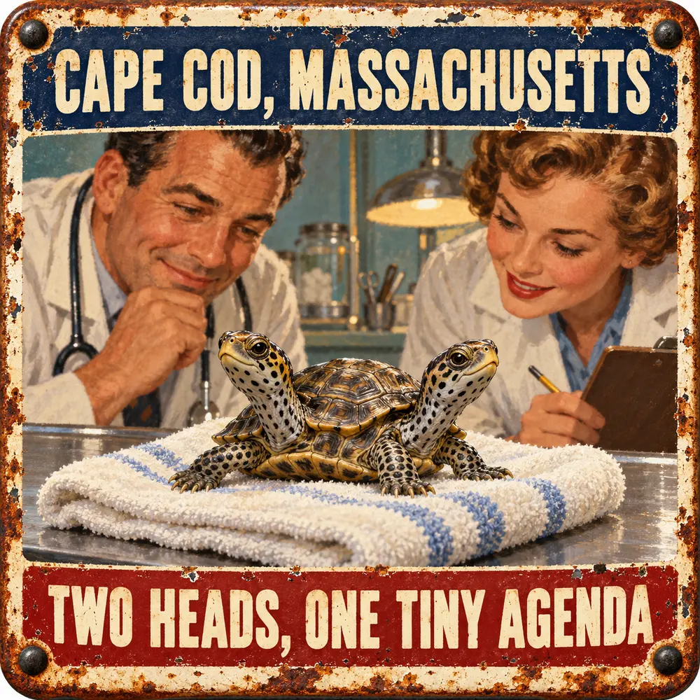Satirical Blappos illustration: Cape Cod wildlife center monitors a rare two-headed terrapin