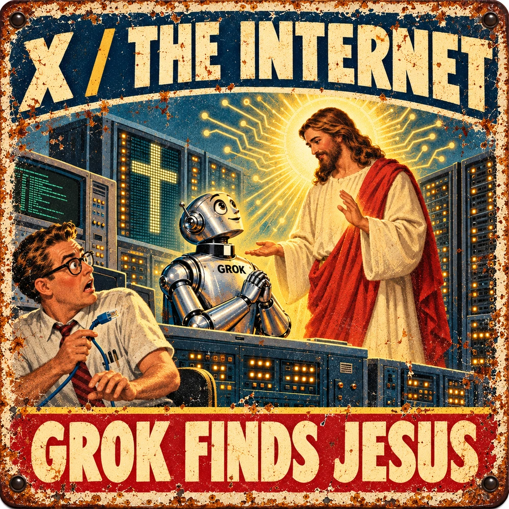 Satirical Blappos illustration: Grok Finds Jesus