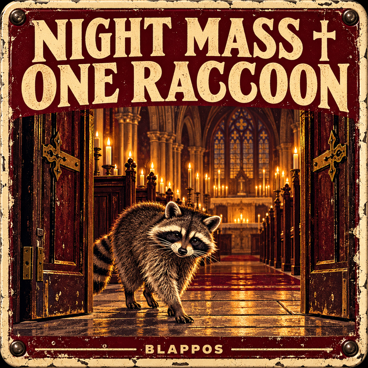 Satirical Blappos illustration: Raccoon walks into Manhattan church during candlelit service