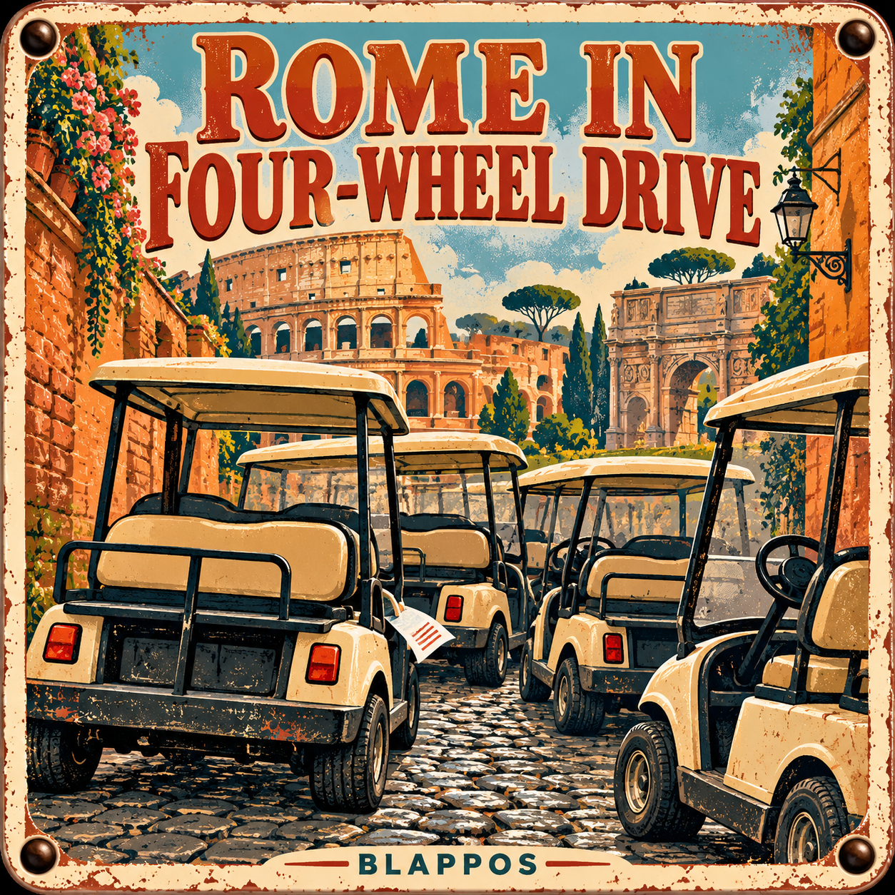 Satirical Blappos illustration: Rome fines golf-cart operators as unauthorized fleet crowds ancient streets
