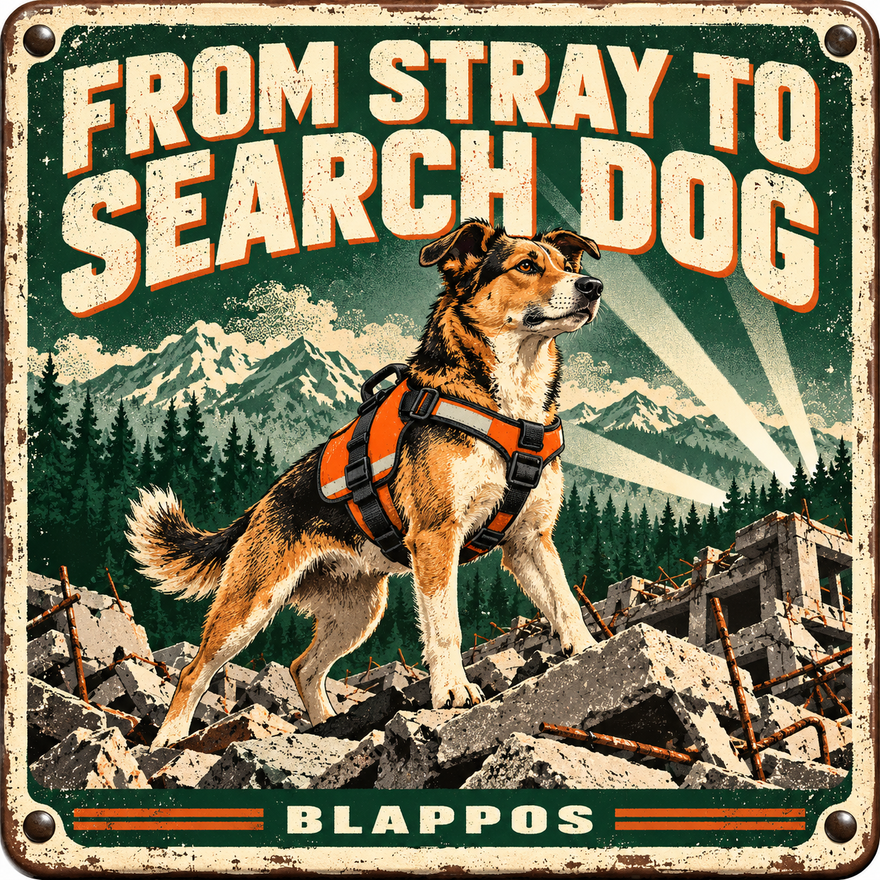 Satirical Blappos illustration: Neglected stray becomes certified disaster-search dog and 2026 Dog of the Year