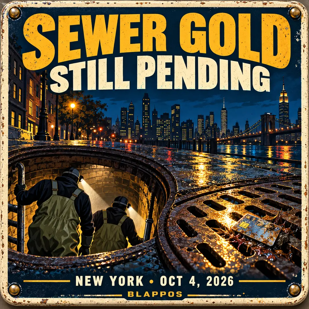 Satirical Blappos illustration: New York sewer explorers chase rumors of lost gold; documented payoff remains elusive