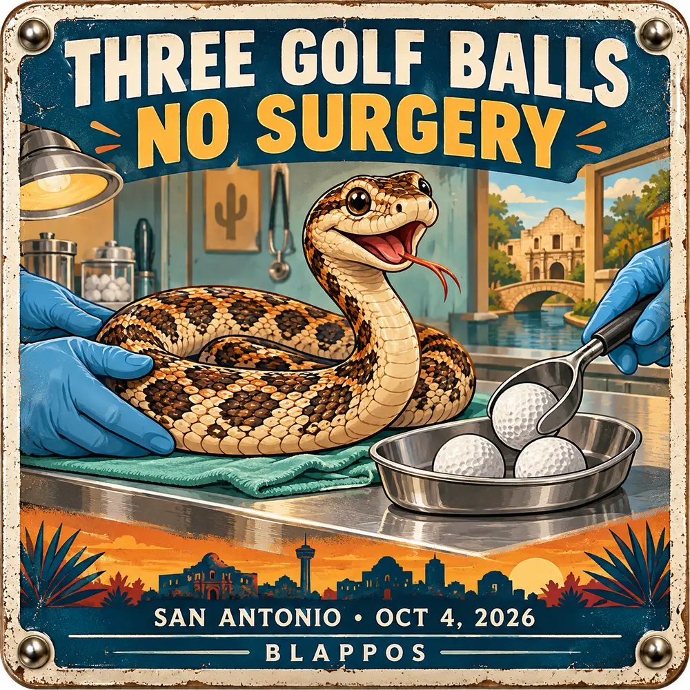 Satirical Blappos illustration: Veterinarians remove three golf balls from snake without surgery