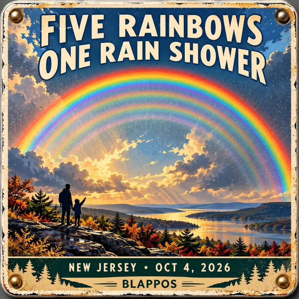 Satirical Blappos illustration: Five supernumerary rainbows turn New Jersey sky into a wave-optics lesson