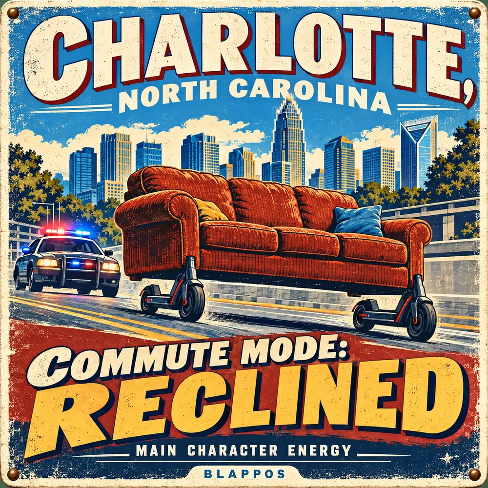 Satirical Blappos illustration: Two riders put a couch on electric scooters; police end the commute