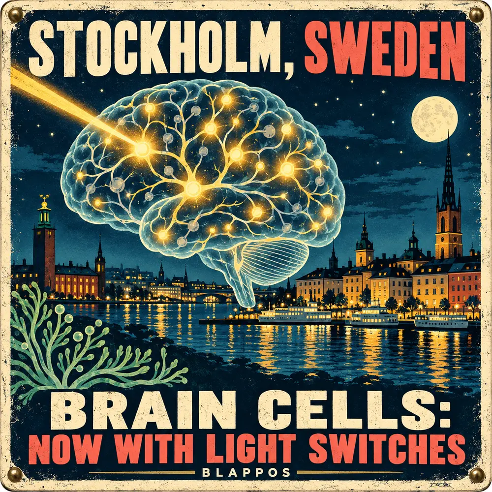 Satirical Blappos illustration: Nobel medicine prize honors the light switch for brain cells
