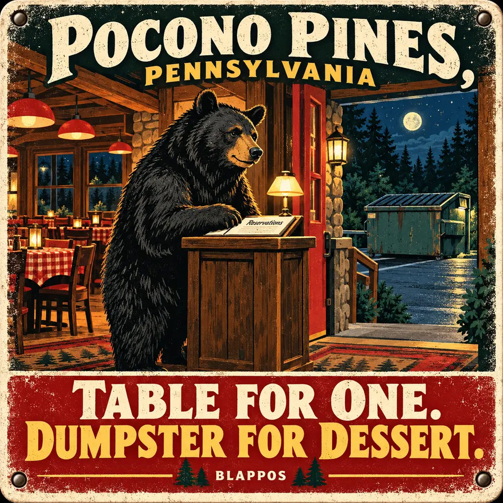 Satirical Blappos illustration: Black bear checks a restaurant host stand, then raids the dumpster