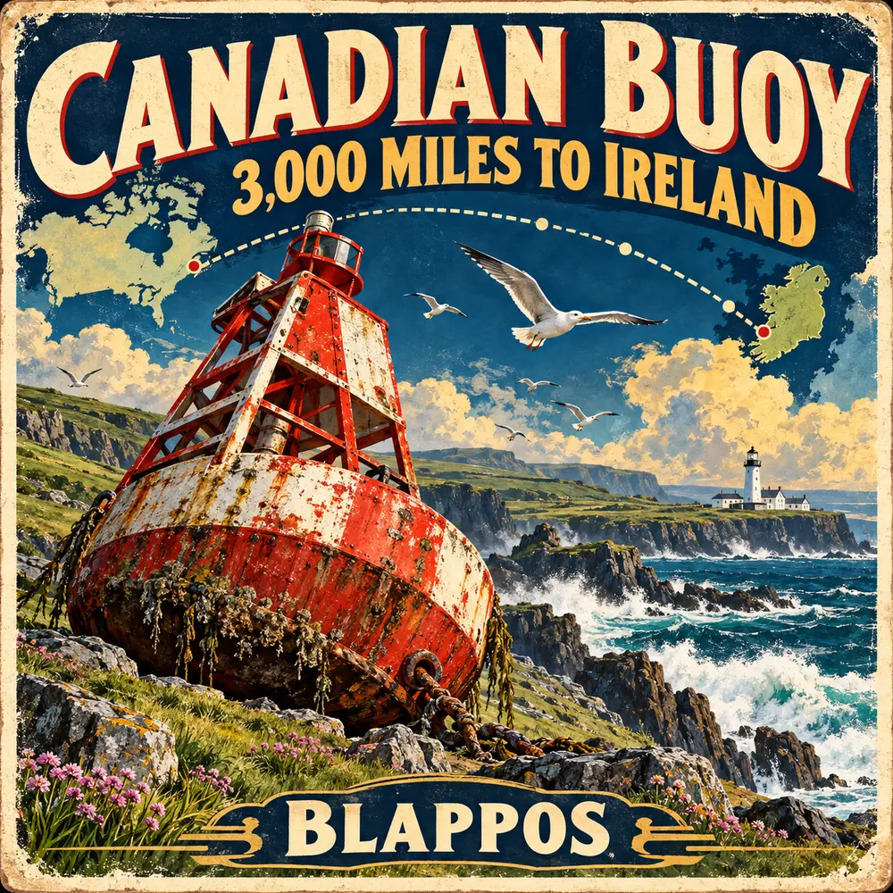 Satirical Blappos illustration: 3.8-ton Canadian buoy crosses the Atlantic and lands in Ireland