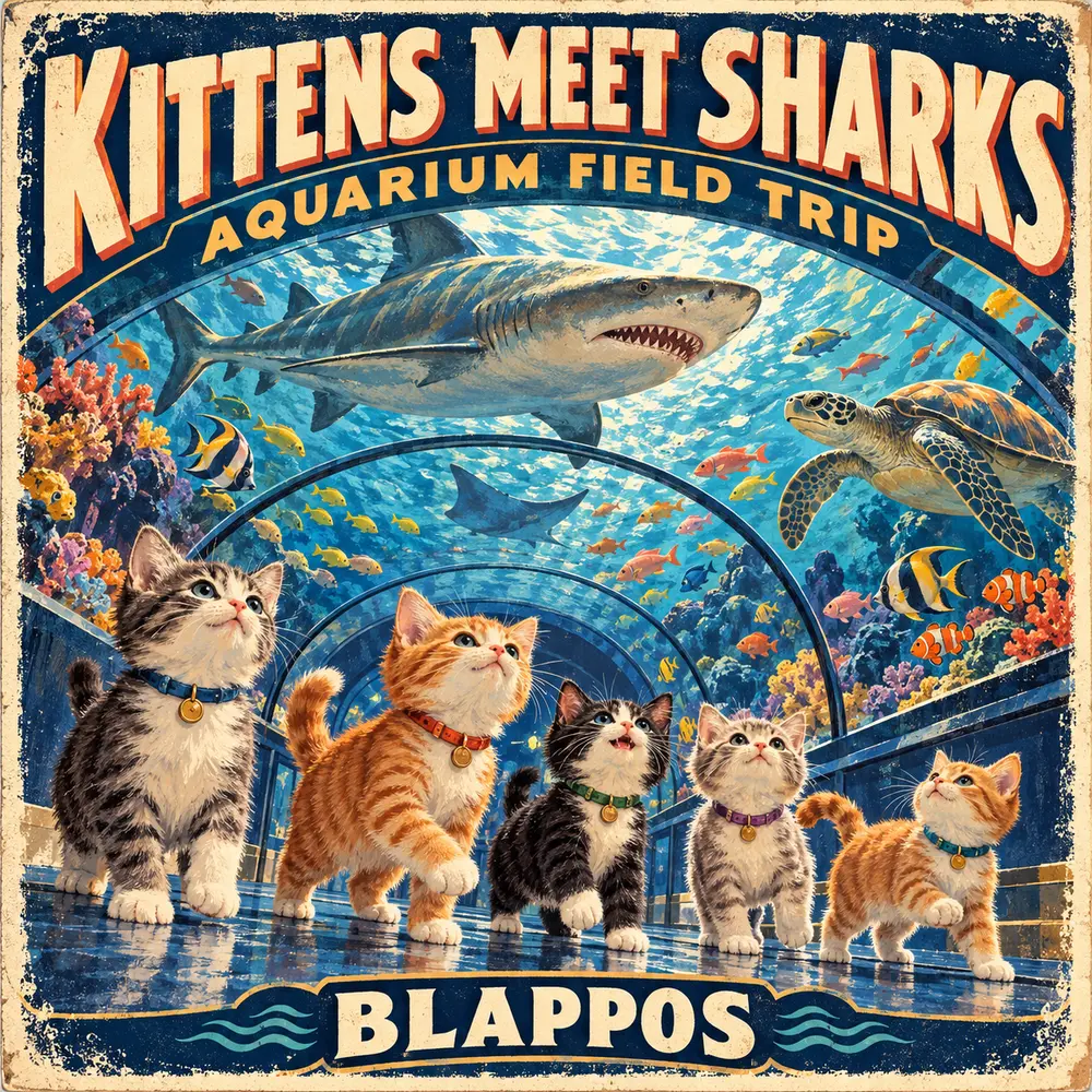 Satirical Blappos illustration: Rescue kittens take an aquarium field trip and meet the sharks