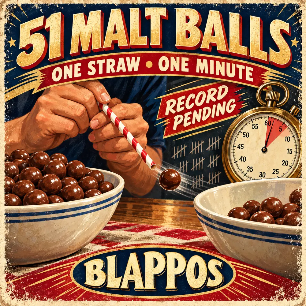 Satirical Blappos illustration: Man moves 51 malt balls by straw in one minute; record remains pending