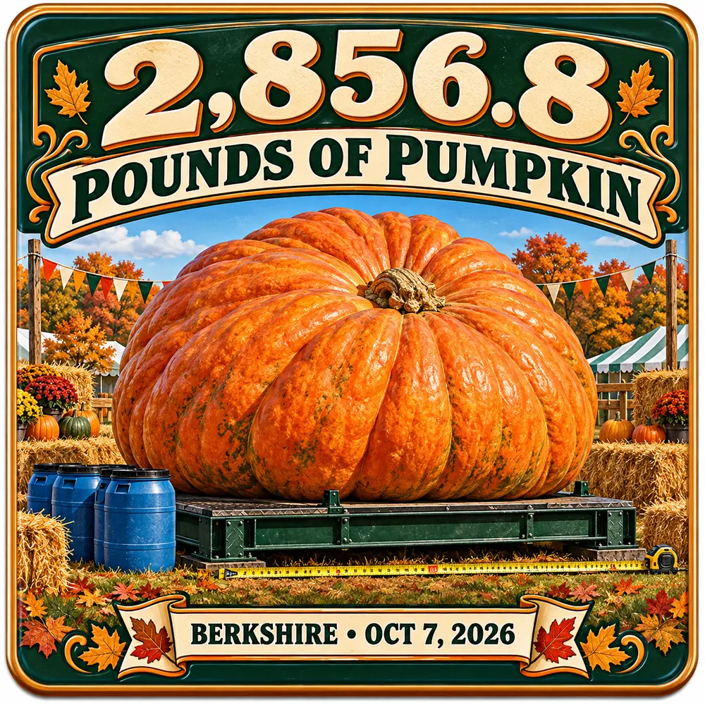 Satirical Blappos illustration: British grower raises a 2,856.8-pound world-record pumpkin