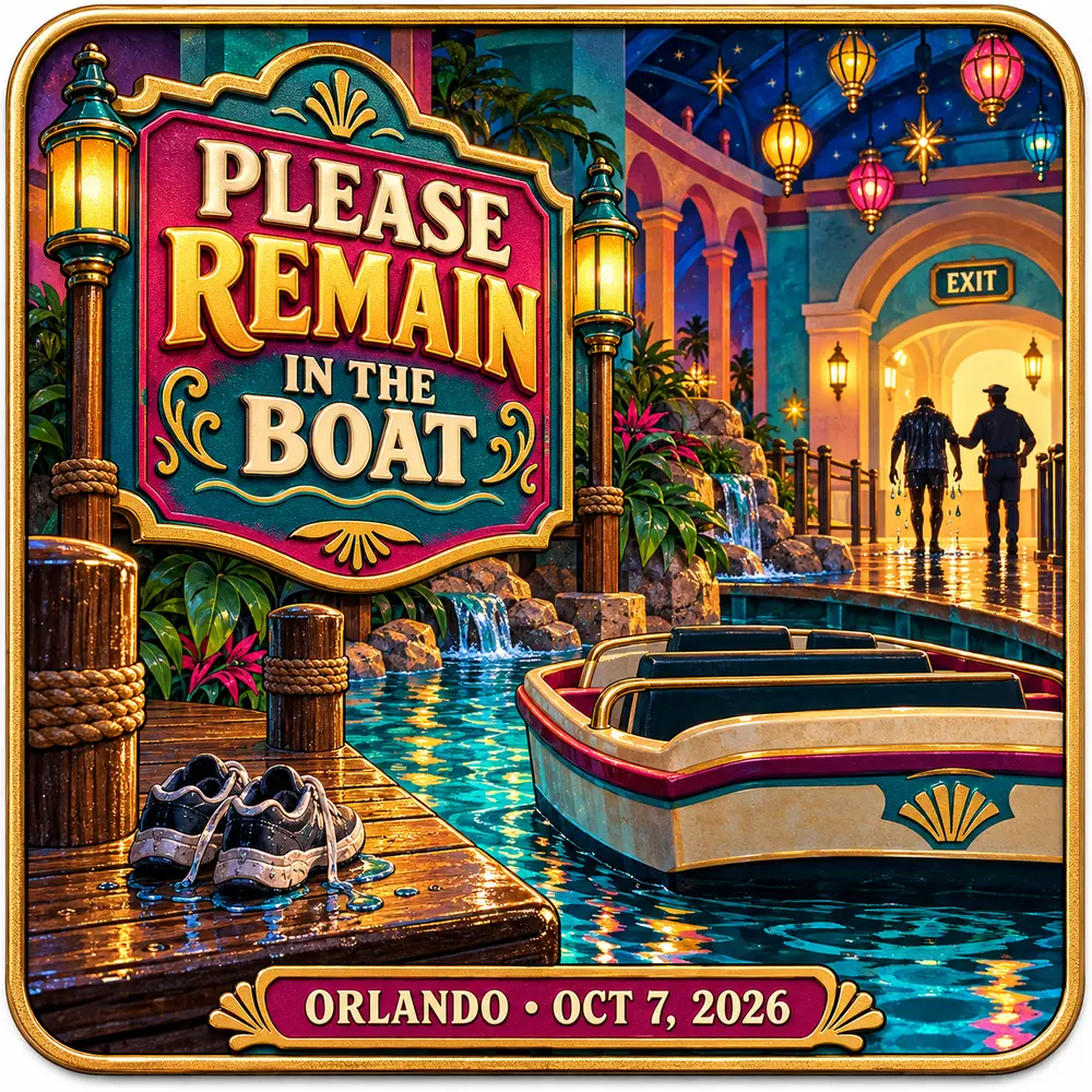 Satirical Blappos illustration: Guests leave an Epcot boat ride for a shallow-water dive and earn a ban