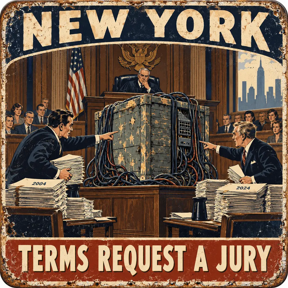 Satirical Blappos illustration: Two-decade tech fight finally gets a courtroom