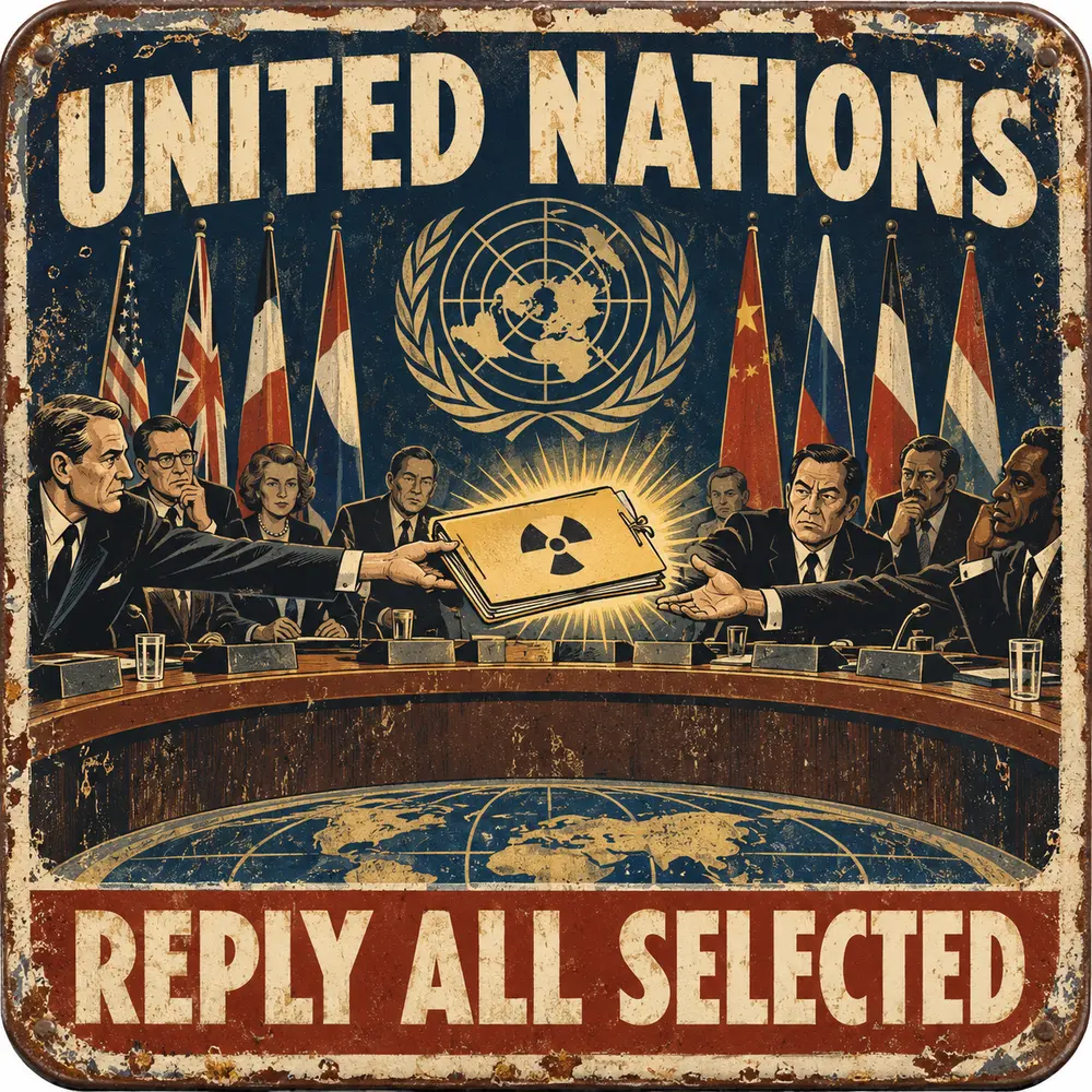 Satirical Blappos illustration: Nuclear watchdog forwards thread to Security Council