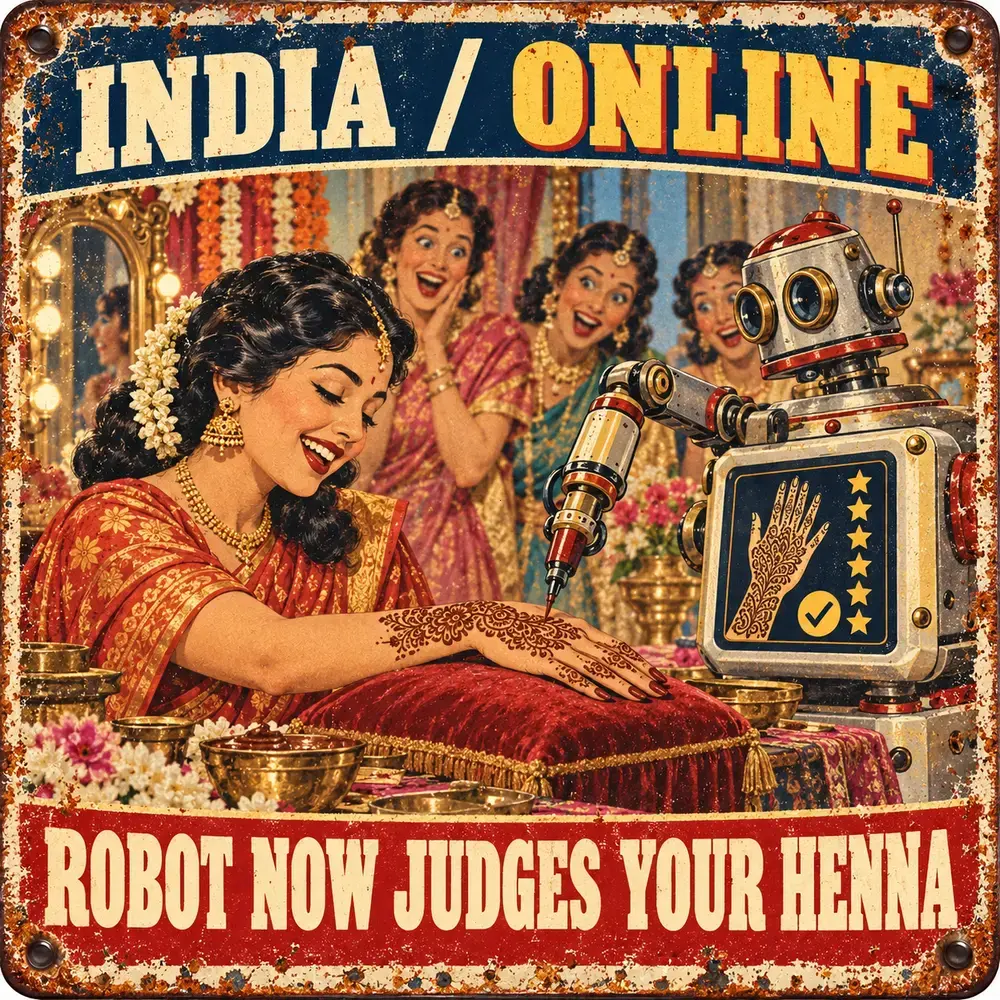 Satirical Blappos illustration: Robot applies wedding henna and immediately requests a five-star review