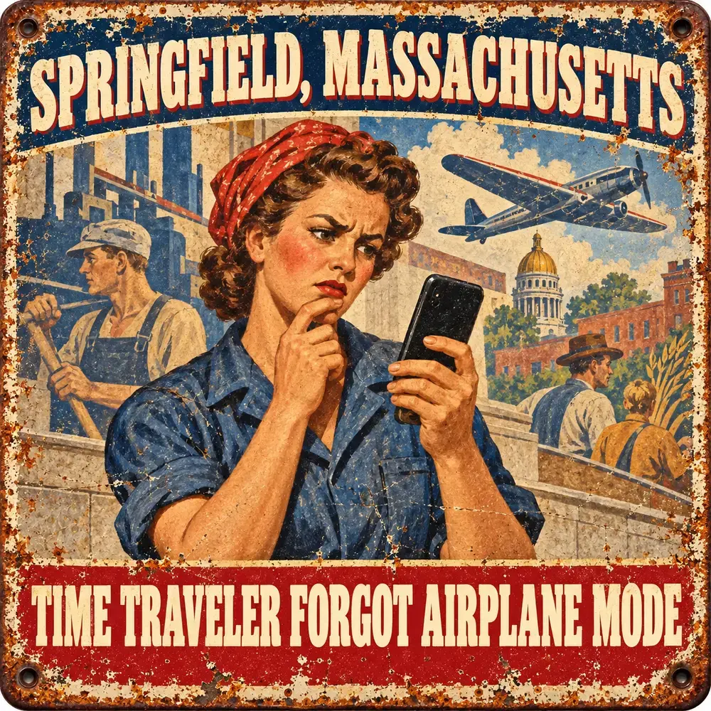 Satirical Blappos illustration: 1937 mural catches a time traveler checking his notifications