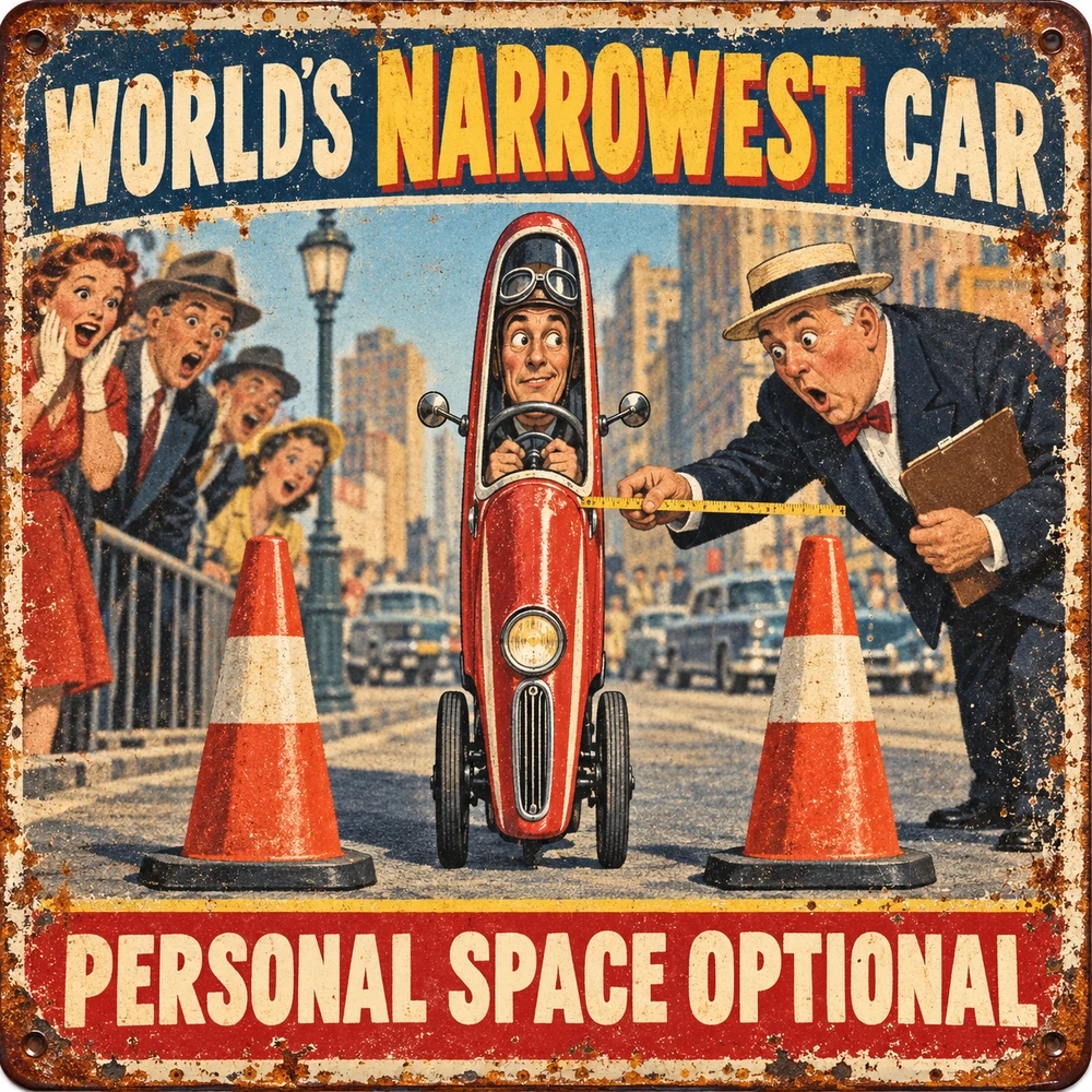 Satirical Blappos illustration: World’s narrowest drivable car leaves elbow room off the blueprint