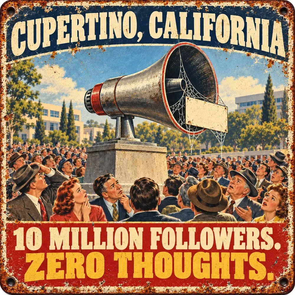 Satirical Blappos illustration: Account gains 10 million followers by finally keeping quiet