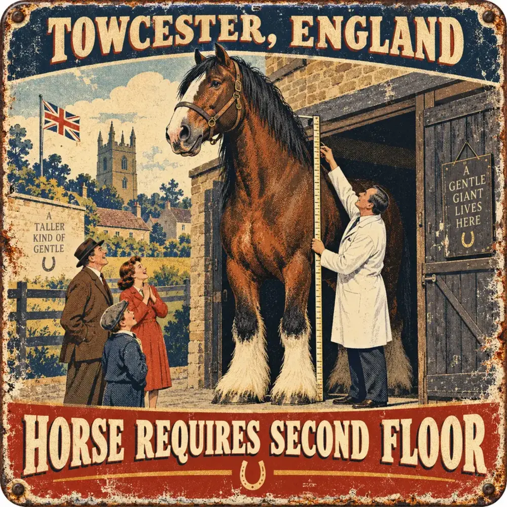 Satirical Blappos illustration: World’s tallest living horse now needs upstairs neighbors