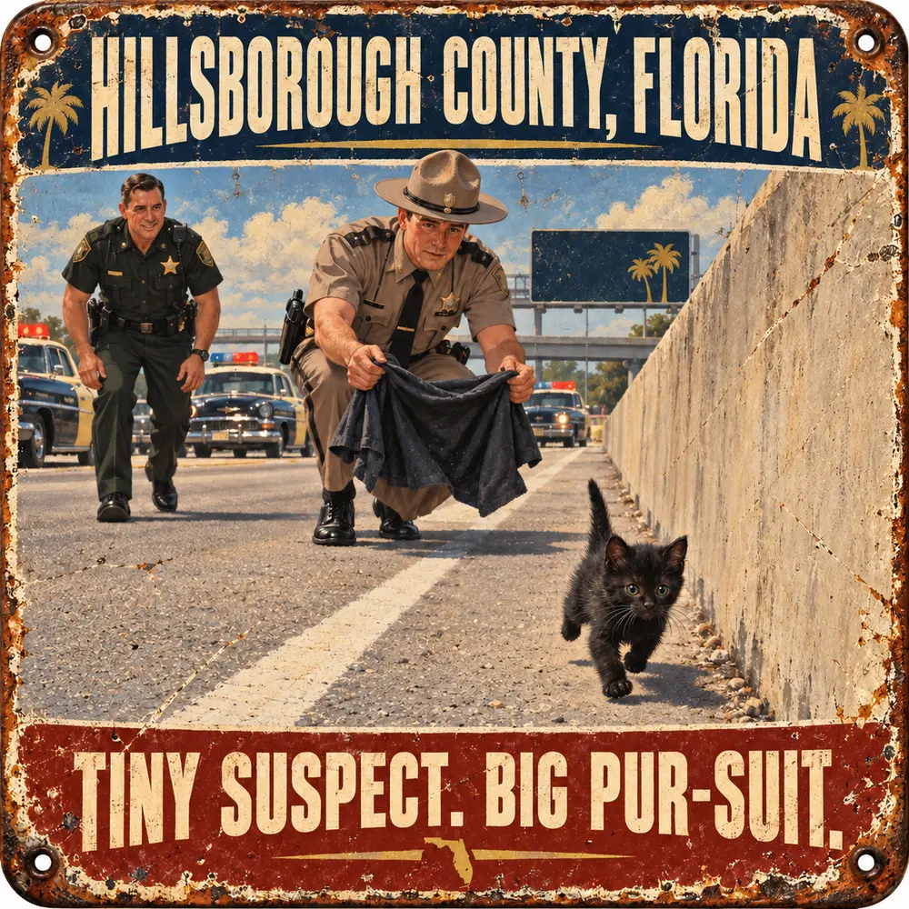 Satirical Blappos illustration: Five-week-old kitten turns interstate rescue into a foot pursuit