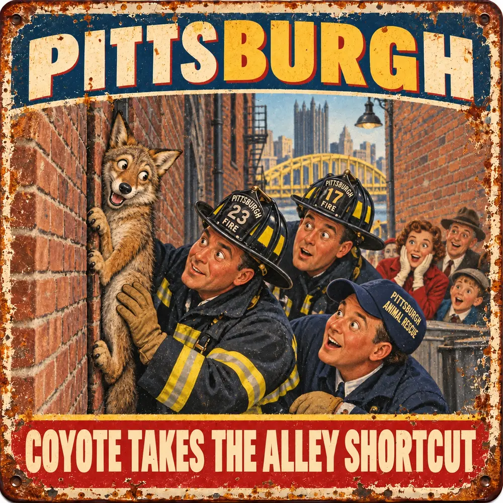 Satirical Blappos illustration: Coyote takes the alley shortcut and becomes part of the building