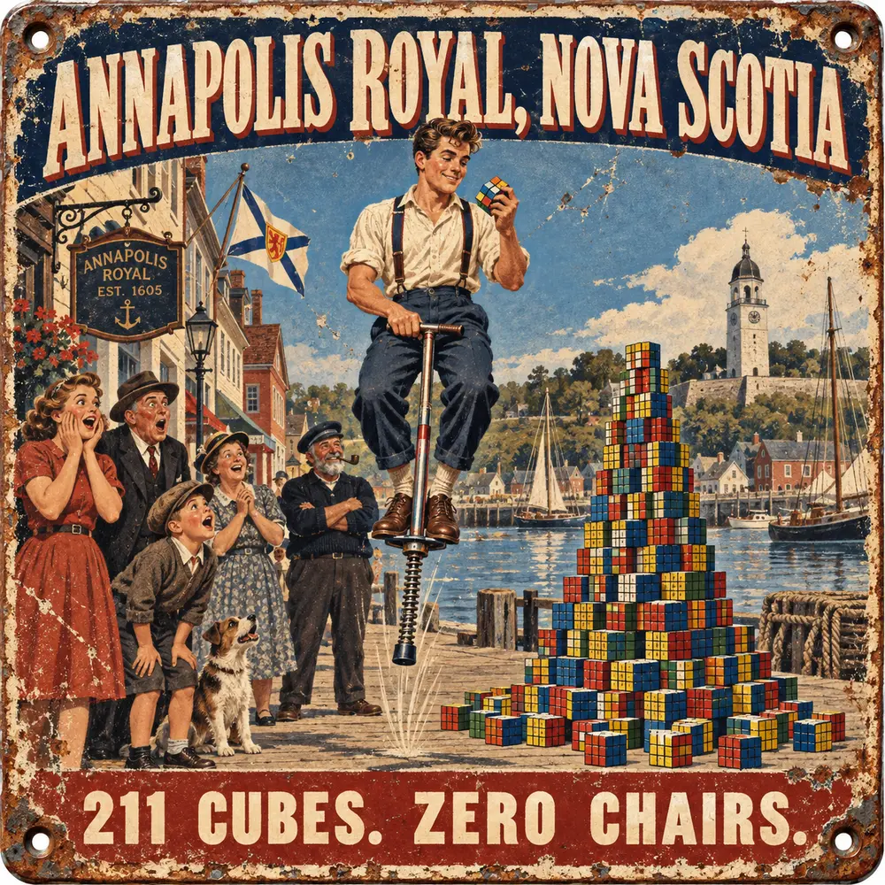 Satirical Blappos illustration: Man solves 211 puzzle cubes on a pogo stick because sitting was too easy