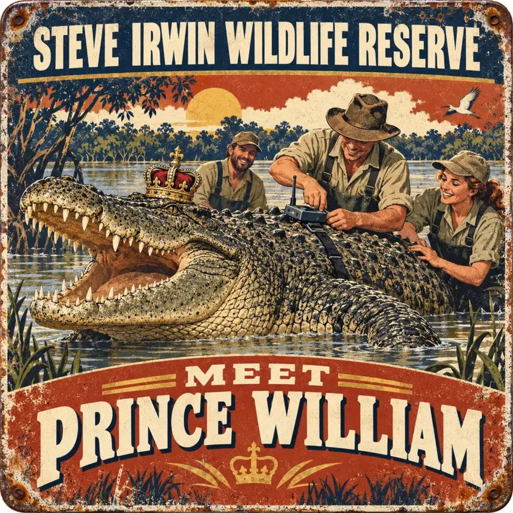 Satirical Blappos illustration: Prince William is now a 12-foot crocodile, technically