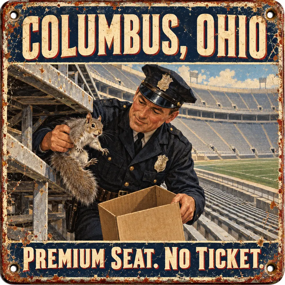 Satirical Blappos illustration: Ohio Stadium squirrel gets escorted from premium seating