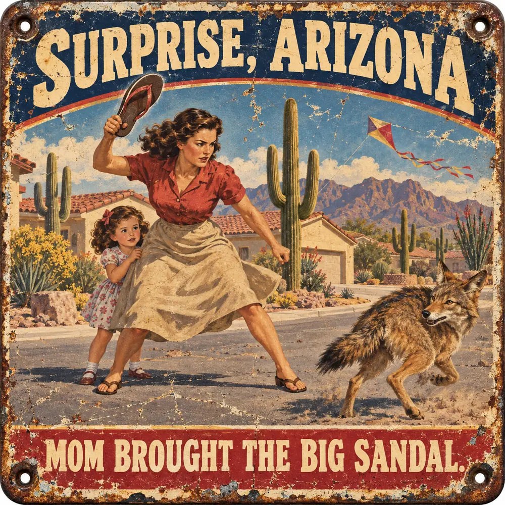 Satirical Blappos illustration: Mom brings a flip-flop to a coyote fight and gets her daughter home