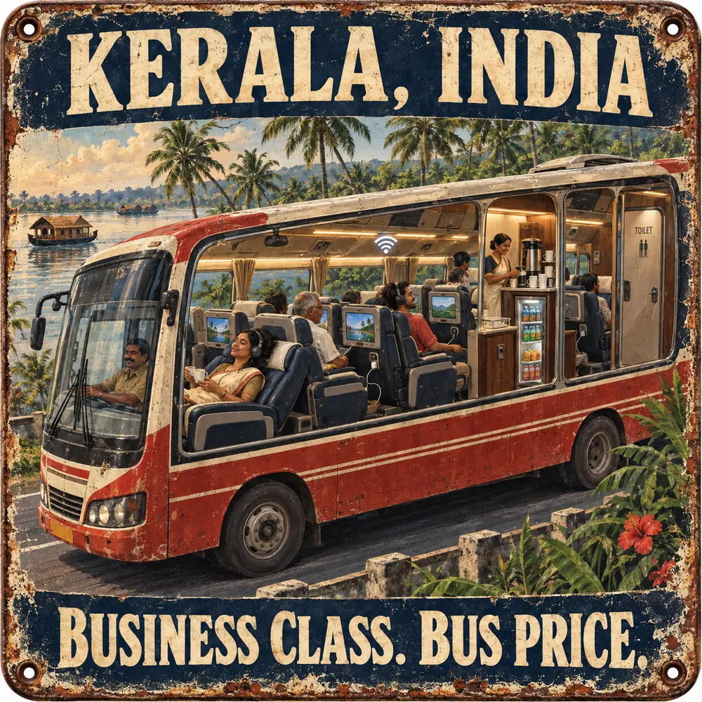 Satirical Blappos illustration: Government bus gets Wi-Fi, televisions, pantry and a toilet before most airlines