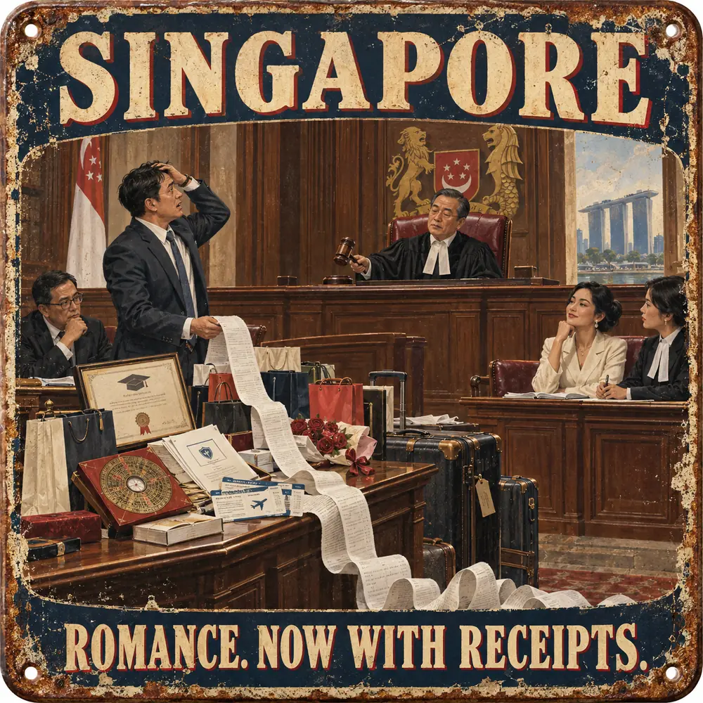Satirical Blappos illustration: CEO spends $370,000 on romance, discovers gifts lack a refund policy