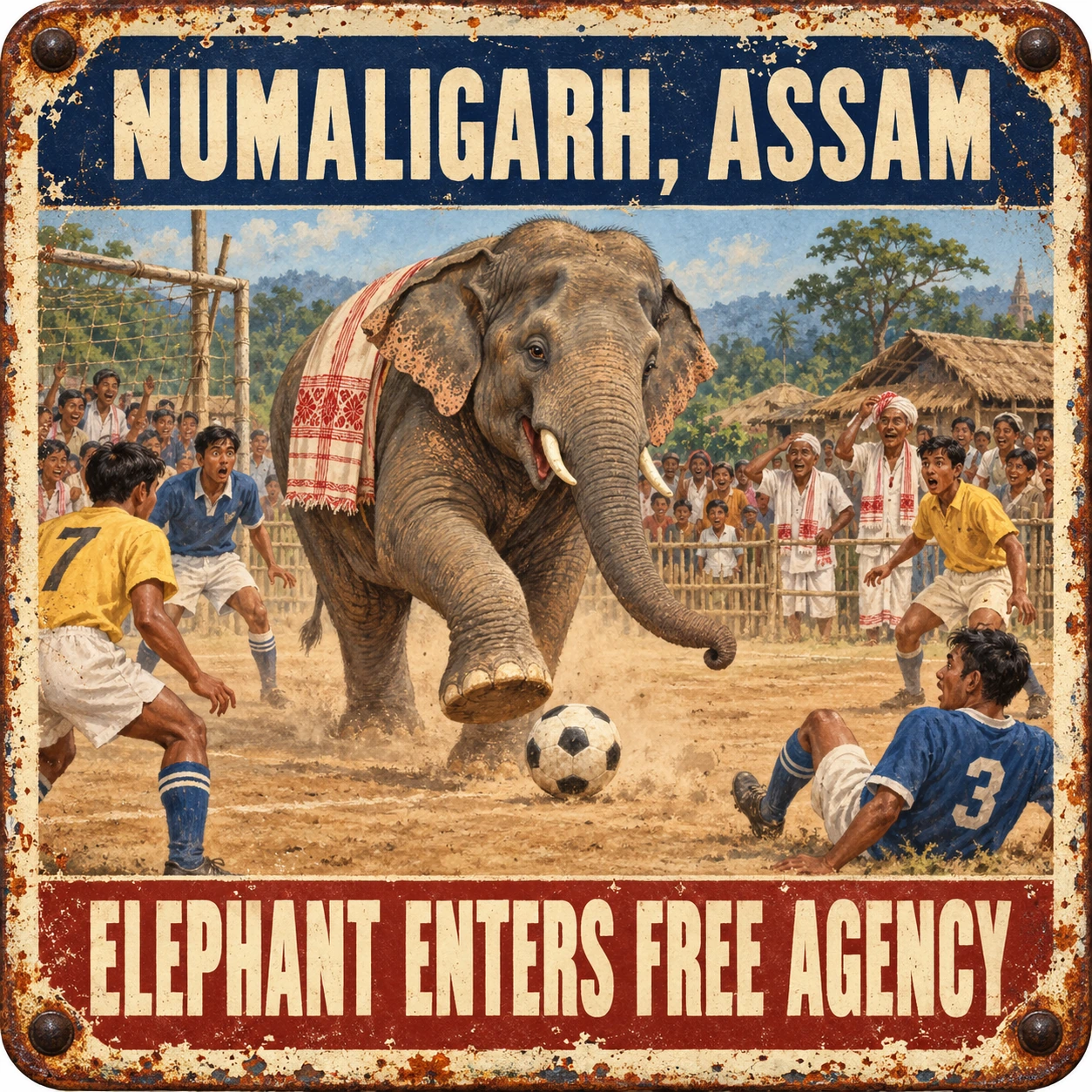 Satirical Blappos illustration: Elephant enters free agency after humiliating entire midfield