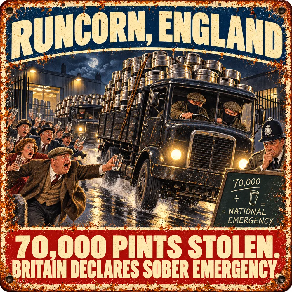 Satirical Blappos illustration: Thieves steal 70,000 pints of Guinness; Britain activates the foam reserves